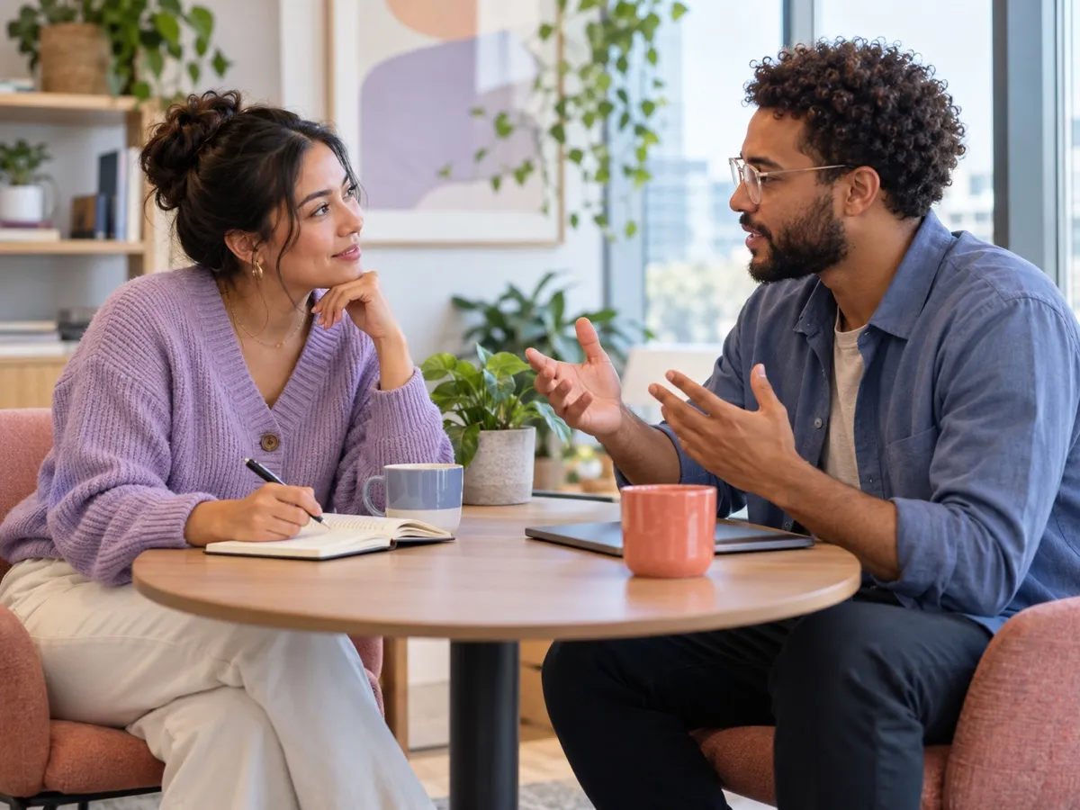 Two colleagues in a focused one-to-one conversation at a table