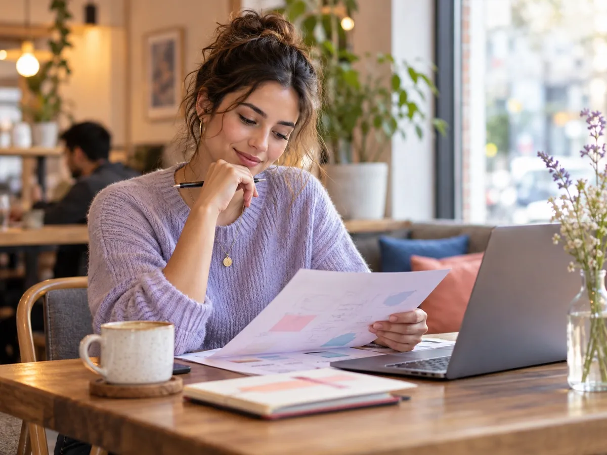 A woman reviewing printed notes beside her laptop in a cosy café