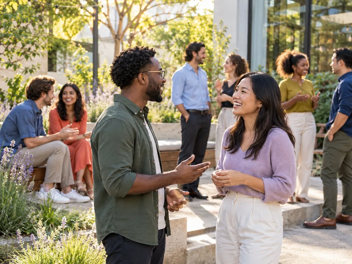 People chatting casually in small groups at a community event