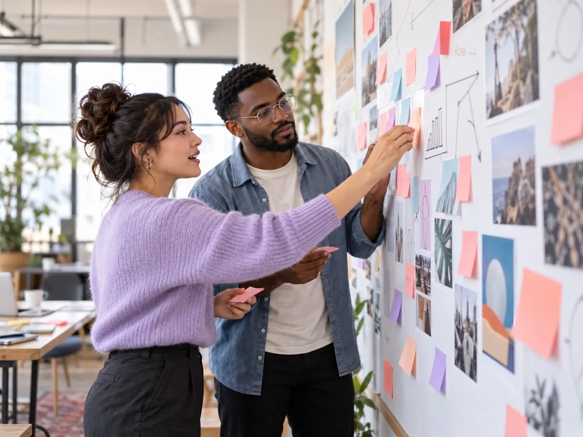 Two colleagues arranging notes and sketches on a large planning wall